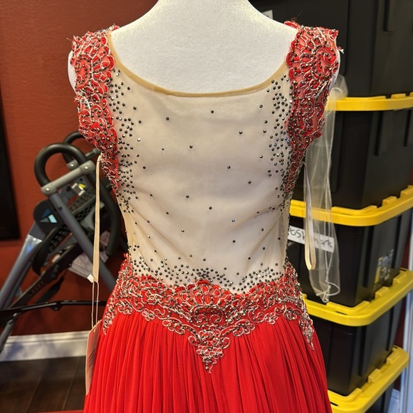 Dark Grey Rhinestone Beaded Red Evening Gown - Picture 5 of 5